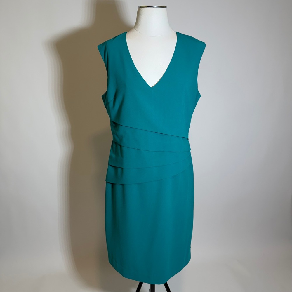 New York & Company Stretch Pleated Sleeveless Sheath Dress Teal Size 12 Cocktail